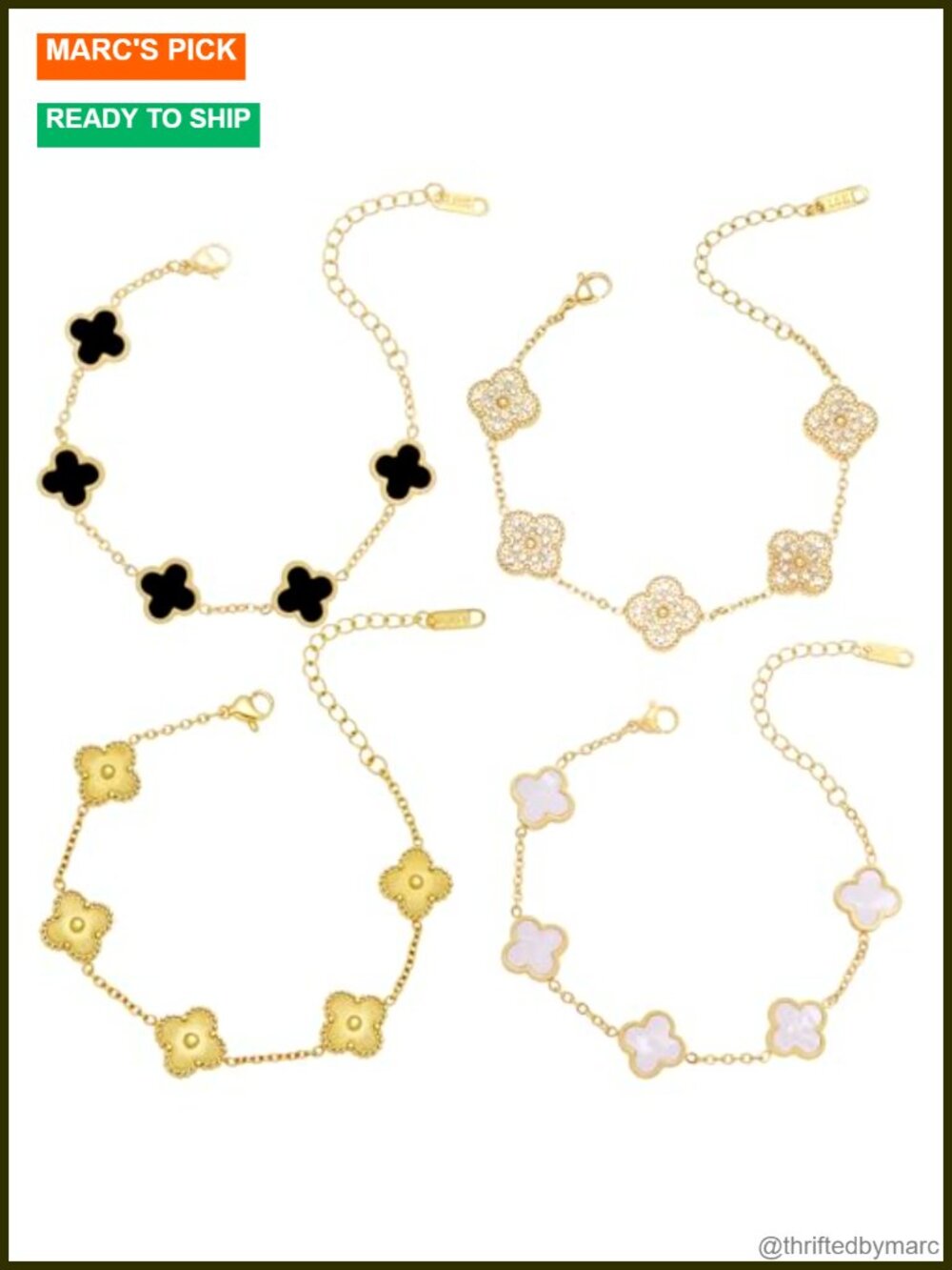 5 Pc CZ Four Leaf Clover Bracelet Set 18K Gold Plated Stainless Steel Dainty